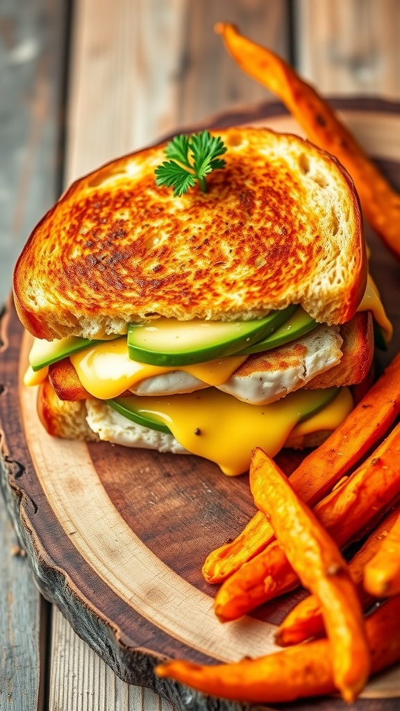 Chicken avocado melt sandwich with melted cheese and avocado on toasted bread, served with sweet potato fries.